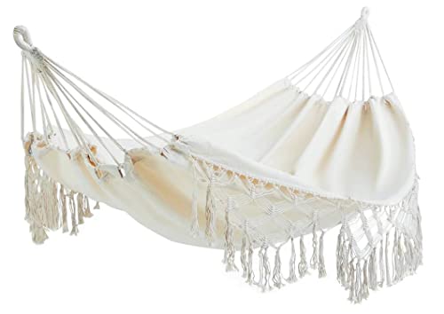 Outdoor Hammock 2 Person Large Brazilian Hammocks Canvas Cotton Indoor Hammock for Bedroom Patio Porch Garden Backyard Lounging Outdoor w/Handwoven Macramé Fringe Tassels