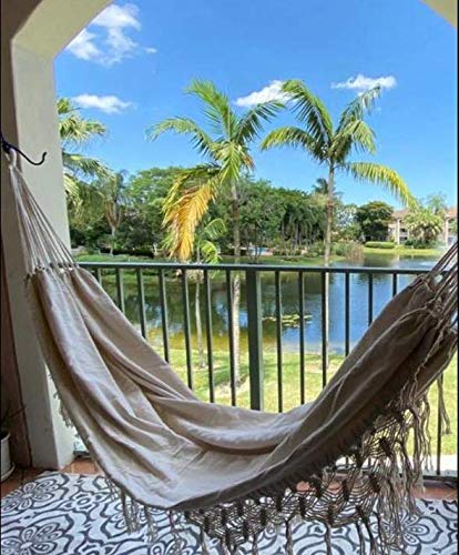 Outdoor Hammock 2 Person Large Brazilian Hammocks Canvas Cotton Indoor Hammock for Bedroom Patio Porch Garden Backyard Lounging Outdoor w/Handwoven Macramé Fringe Tassels