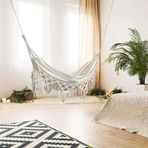 Outdoor Hammock 2 Person Large Brazilian Hammocks Canvas Cotton Indoor Hammock for Bedroom Patio Porch Garden Backyard Lounging Outdoor w/Handwoven Macramé Fringe Tassels