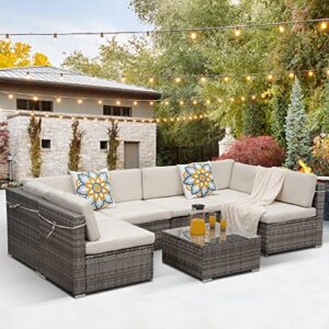sunvivi outdoor 7 piece patio sectional grey wicker furniture for backyard, garden with string beige cushions, clips, coffee table