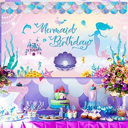 Mermaid Party Decorations Under The Sea Backdrop for Girls Birthday Party Photography Background Banner Purple Pink Scales Photo Booth Props, 6 x 3 ft