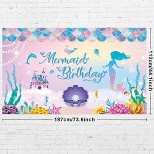 Mermaid Party Decorations Under The Sea Backdrop for Girls Birthday Party Photography Background Banner Purple Pink Scales Photo Booth Props, 6 x 3 ft