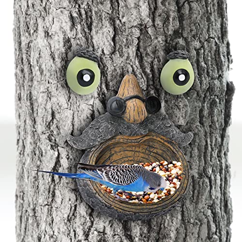 KAKICLAY Tree Faces Decor Outdoor | Old Man with Glasses Tree Art with Eyes Glow in The Dark | Tree Hugger Yard Art Garden Decor Outdoor Statues | Unique Bird Feeder for Outdoors and Indoors