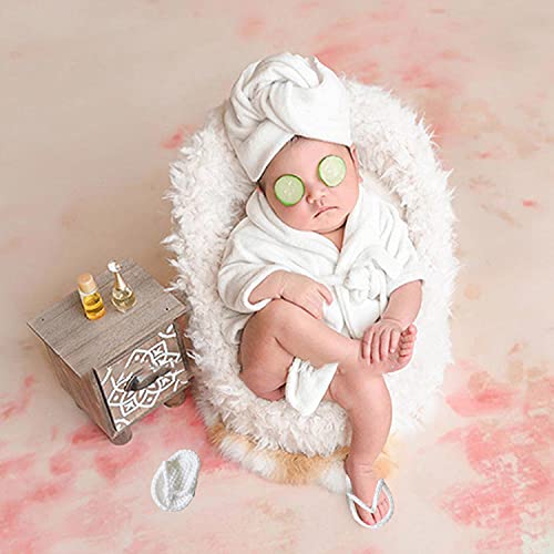 5PCS Newborn Photography Outfits, DISTART Baby Hooded Plush Towel Cotton Bathrobes Bath Outfit with Slippers Photo Props for Toddle Infant Girls and Boys Shower Shoot Gift (White), 0-6 Months