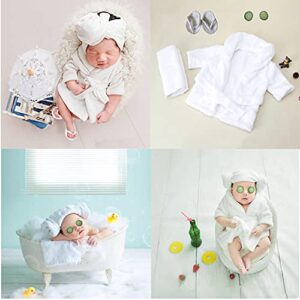 5PCS Newborn Photography Outfits, DISTART Baby Hooded Plush Towel Cotton Bathrobes Bath Outfit with Slippers Photo Props for Toddle Infant Girls and Boys Shower Shoot Gift (White), 0-6 Months