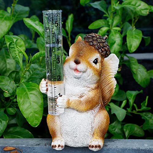 FORUP Resin Squirrel Rain Gauges, Resin Squirrel Garden Statue with a Plastic Rain Gauge, Hand Painted Squirrel Sculpture Water Gauge for Rain