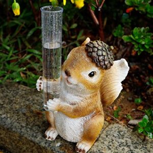 FORUP Resin Squirrel Rain Gauges, Resin Squirrel Garden Statue with a Plastic Rain Gauge, Hand Painted Squirrel Sculpture Water Gauge for Rain