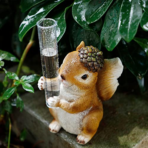 FORUP Resin Squirrel Rain Gauges, Resin Squirrel Garden Statue with a Plastic Rain Gauge, Hand Painted Squirrel Sculpture Water Gauge for Rain