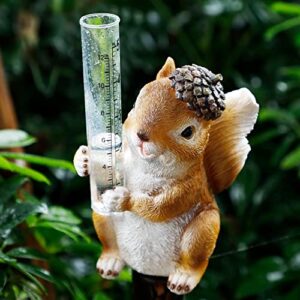 FORUP Resin Squirrel Rain Gauges, Resin Squirrel Garden Statue with a Plastic Rain Gauge, Hand Painted Squirrel Sculpture Water Gauge for Rain