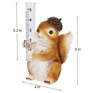 FORUP Resin Squirrel Rain Gauges, Resin Squirrel Garden Statue with a Plastic Rain Gauge, Hand Painted Squirrel Sculpture Water Gauge for Rain