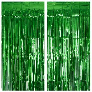 2 pack green tinsel curtain party backdrop, 3.2ft x 8.2ft metallic tinsel foil fringe curtains photo booth props background for christmas st patrick’s day safari tropical bachelorette decorations