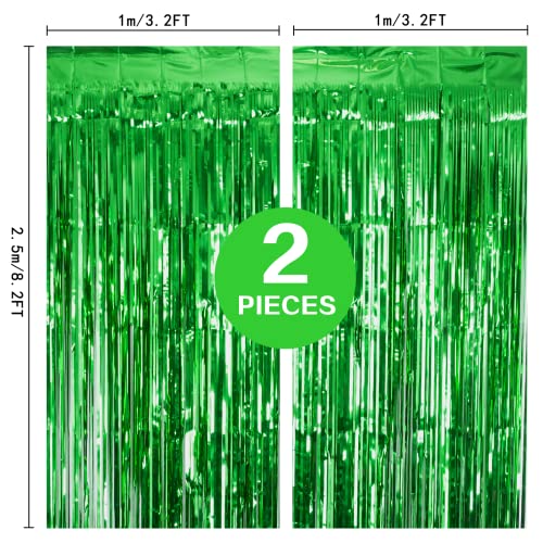 2 Pack Green Tinsel Curtain Party Backdrop, 3.2Ft x 8.2Ft Metallic Tinsel Foil Fringe Curtains Photo Booth Props Background for Christmas St Patrick’s Day Safari Tropical Bachelorette Decorations