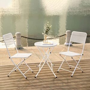 memaemo 3-piece patio bistro set, metal folding outdoor patio furniture sets, stainless steel patio conversation set with folding patio round table and chairs for yard, garden or balcony, white