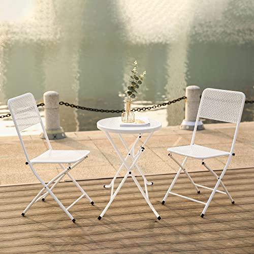 MEMAEMO 3-Piece Patio Bistro Set, Metal Folding Outdoor Patio Furniture Sets, Stainless Steel Patio Conversation Set with Folding Patio Round Table and Chairs for Yard, Garden or Balcony, White