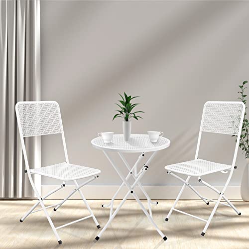 MEMAEMO 3-Piece Patio Bistro Set, Metal Folding Outdoor Patio Furniture Sets, Stainless Steel Patio Conversation Set with Folding Patio Round Table and Chairs for Yard, Garden or Balcony, White