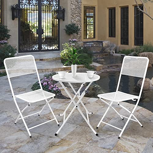 MEMAEMO 3-Piece Patio Bistro Set, Metal Folding Outdoor Patio Furniture Sets, Stainless Steel Patio Conversation Set with Folding Patio Round Table and Chairs for Yard, Garden or Balcony, White