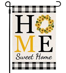 qwetry sunflower home sweet home garden flag for outside summer flags for farmhouse lawn outdoor décor, burlap vertical buffalo check plaid flower small rustic yard flags 12.5 x 18 inch double sided