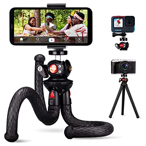 Phone Tripod, Lammcou 3 in 1 Flexible Tripod for Camera, Cell Phone, Universal 360 Degree Rotation Phone Holder with Tilt Ballhead for Video Recording, Vlogging, Live Streaming (Black)