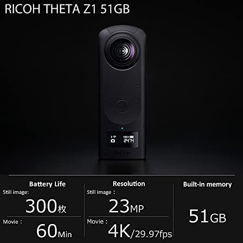 RICOH THETA Z1 51GB Black 360° camera, two 1.0-inch back-illuminated CMOS sensors, increased 51GB internal memory, 23MP images, 4K video with image stabilization, HDR, High-speed wireless transfer