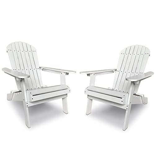 Adirondack Chair Weather Resistant Patio Chairs Folding Outdoor Chair w/Long Arms Solid Wooden Heavy Duty Reclining Fire Pit Chair for Deck, Lawn, Backyard, Garden Set of 2- White