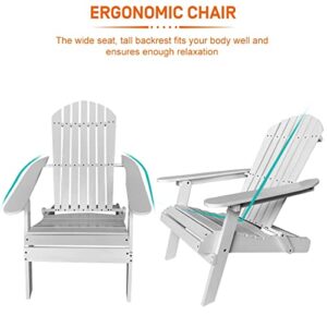 Adirondack Chair Weather Resistant Patio Chairs Folding Outdoor Chair w/Long Arms Solid Wooden Heavy Duty Reclining Fire Pit Chair for Deck, Lawn, Backyard, Garden Set of 2- White