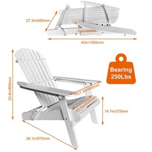 Adirondack Chair Weather Resistant Patio Chairs Folding Outdoor Chair w/Long Arms Solid Wooden Heavy Duty Reclining Fire Pit Chair for Deck, Lawn, Backyard, Garden Set of 2- White