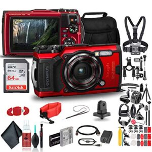 olympus tough tg-6 waterproof camera (red) – action bundle – with 50 piece accessory kit + extra battery + float strap + sandisk 64gb ultra memory card + padded case + more