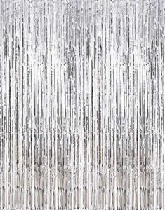2 pcs 3.2ft x 8.2ft shiny silver metallic tinsel foil fringe curtains photo booth backdrop for birthday wedding holiday celebration bachelorette party decorons (silver)