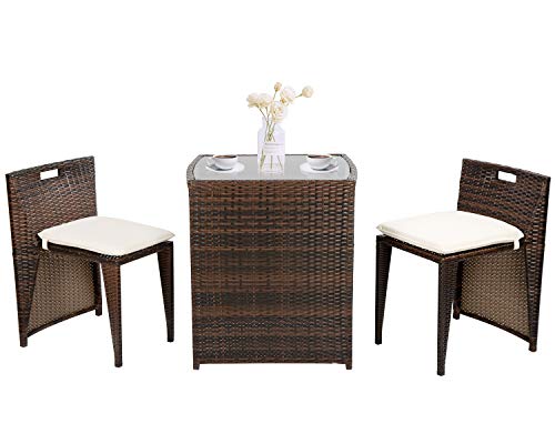 FDW Patio Set 3 Pieces Outdoor Wicker Patio Furniture Sets Wicker Bistro Set Rattan Chair Conversation Sets Patio Sofa Wicker Table Set for Yard Backyard Lawn Porch Poolside Balcony,Brown