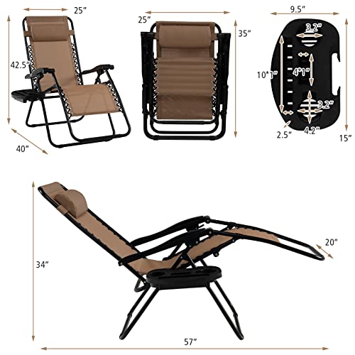 Tangkula Zero Gravity Chair, Folding Patio Lounge Chair Adjustable Outdoor Recliner with Cup Holder, Wide Armrest for Patio Garden Poolside Outdoor Yard Beach, Support 350 lbs (1, Light Brown)