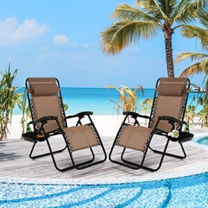 Tangkula Zero Gravity Chair, Folding Patio Lounge Chair Adjustable Outdoor Recliner with Cup Holder, Wide Armrest for Patio Garden Poolside Outdoor Yard Beach, Support 350 lbs (1, Light Brown)