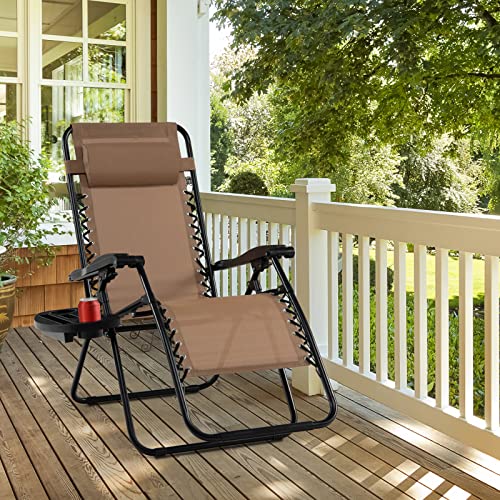 Tangkula Zero Gravity Chair, Folding Patio Lounge Chair Adjustable Outdoor Recliner with Cup Holder, Wide Armrest for Patio Garden Poolside Outdoor Yard Beach, Support 350 lbs (1, Light Brown)