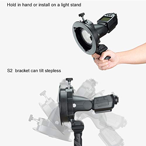 Godox S2 Speedlite S-Type Bracket Bowens Mount Flash Holder for Godox V1 AD200Pro AD400Pro AD200 and Other Flashes, Precise Tilt Control, Large Handle, Integrated Umbrella Mount