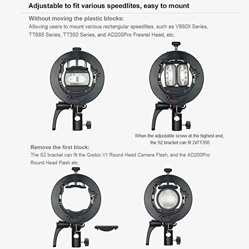 Godox S2 Speedlite S-Type Bracket Bowens Mount Flash Holder for Godox V1 AD200Pro AD400Pro AD200 and Other Flashes, Precise Tilt Control, Large Handle, Integrated Umbrella Mount