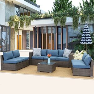 wisteria lane 8 piece outdoor patio furniture sets, outdoor sectional furniture with tempered glass table and cushion, wicker patio conversation sets for garden backyard, blue