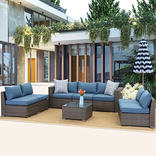 Wisteria Lane 8 Piece Outdoor Patio Furniture Sets, Outdoor Sectional Furniture with Tempered Glass Table and Cushion, Wicker Patio Conversation Sets for Garden Backyard, Blue