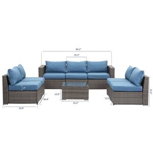 Wisteria Lane 8 Piece Outdoor Patio Furniture Sets, Outdoor Sectional Furniture with Tempered Glass Table and Cushion, Wicker Patio Conversation Sets for Garden Backyard, Blue