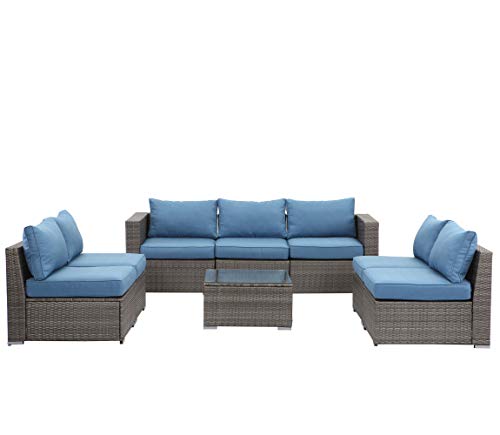 Wisteria Lane 8 Piece Outdoor Patio Furniture Sets, Outdoor Sectional Furniture with Tempered Glass Table and Cushion, Wicker Patio Conversation Sets for Garden Backyard, Blue