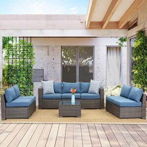 Wisteria Lane 8 Piece Outdoor Patio Furniture Sets, Outdoor Sectional Furniture with Tempered Glass Table and Cushion, Wicker Patio Conversation Sets for Garden Backyard, Blue