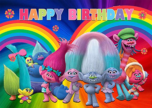 Trolls Poppy Photography Backdrop Kids Happy Birthday Party Banner Rainbow Colorful Photo Background Cake Table DecorPhoto Studio Props 5x3ft