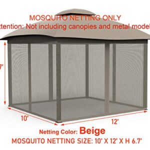 Gazebo Mosquito Netting Screen 4-Panels Universal Replacement for Patio, Outdoor Canopy, Garden and Backyard (10'x12', Beige)