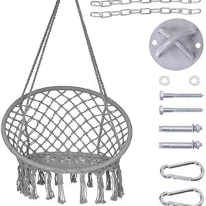 Lazy Daze Hammocks Hanging Chair Macrame Chair with Hardware Kits, Handwoven Cotton Rope Hammock Chair for Bedroom Indoor Outdoor Patio Yard Deck Garden, 300 Pounds Capacity, Gray