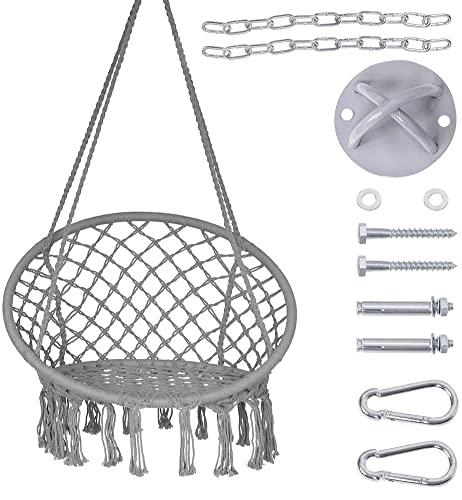 Lazy Daze Hammocks Hanging Chair Macrame Chair with Hardware Kits, Handwoven Cotton Rope Hammock Chair for Bedroom Indoor Outdoor Patio Yard Deck Garden, 300 Pounds Capacity, Gray