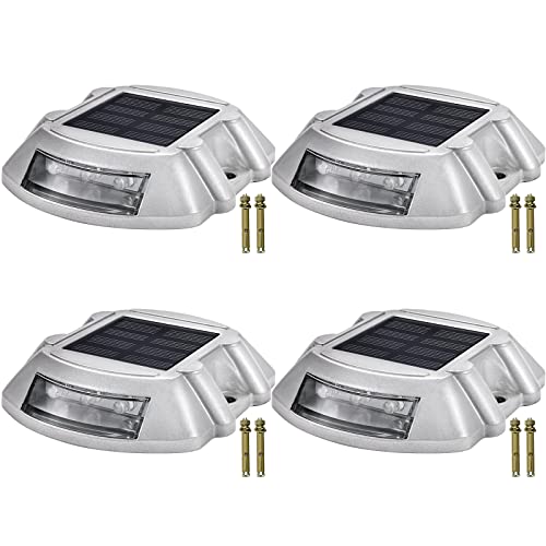 Happybuy Driveway Lights 4-Pack Solar Driveway Lights Bright White with Screw Solar Deck Lights Outdoor Waterproof Wireless Dock Lights 6 LEDs for Path Warning Garden Walkway Sidewalk Steps