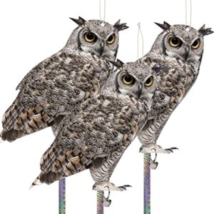 kungfu mall fake owl decoy to scare birds, 3 pack fake owl hanging effective bird control device to keep birds pigeon woodpecker away from outdoor garden yard