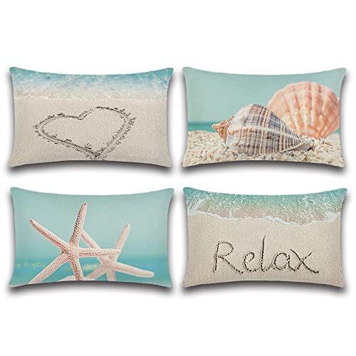 OTOSTAR Pack of 4 Outdoor Waterproof Decorative Pillow Covers Garden Throw Pillow Covers 12x20 Inch Patio Cushion Case Pillowcase Indoor Pillows Shell for Sofa Couch Tent Park Home Decor (Beach)