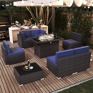 layinsun 8 pieces outdoor patio furniture set with 44″ fire pit table brown rattan sectional sofa conversation sets