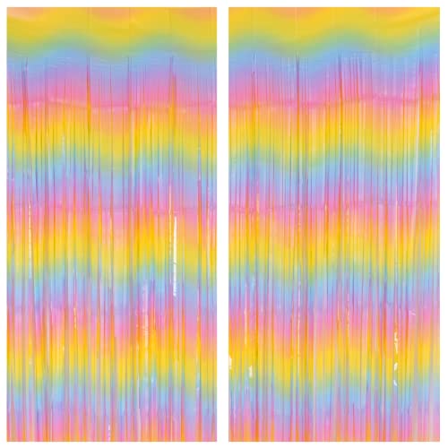 2 Pack Macaron Rainbow Foil Fringe Curtain Backdrop, 3.2Ft x 8.2Ft Colorful Metallic Tinsel Curtains Plastic Streamers Door Curtain for Photo Booth Baby Shower Birthday Christmas Party Decoration