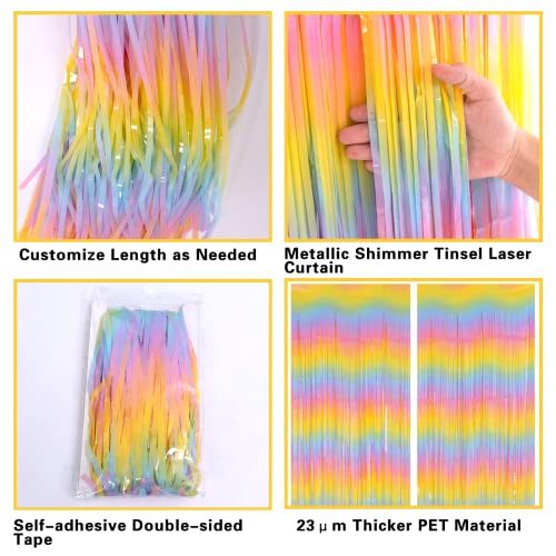 2 Pack Macaron Rainbow Foil Fringe Curtain Backdrop, 3.2Ft x 8.2Ft Colorful Metallic Tinsel Curtains Plastic Streamers Door Curtain for Photo Booth Baby Shower Birthday Christmas Party Decoration