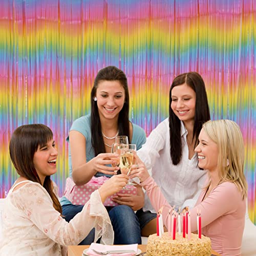 2 Pack Macaron Rainbow Foil Fringe Curtain Backdrop, 3.2Ft x 8.2Ft Colorful Metallic Tinsel Curtains Plastic Streamers Door Curtain for Photo Booth Baby Shower Birthday Christmas Party Decoration